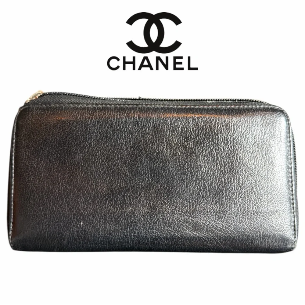 Chanel‎ Black Jacket Embossed Long Zipper Wallet